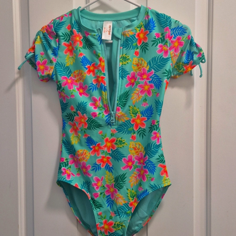 Cat & Jack Kids Floral Swim One Piece - Teal with Pink and Orange